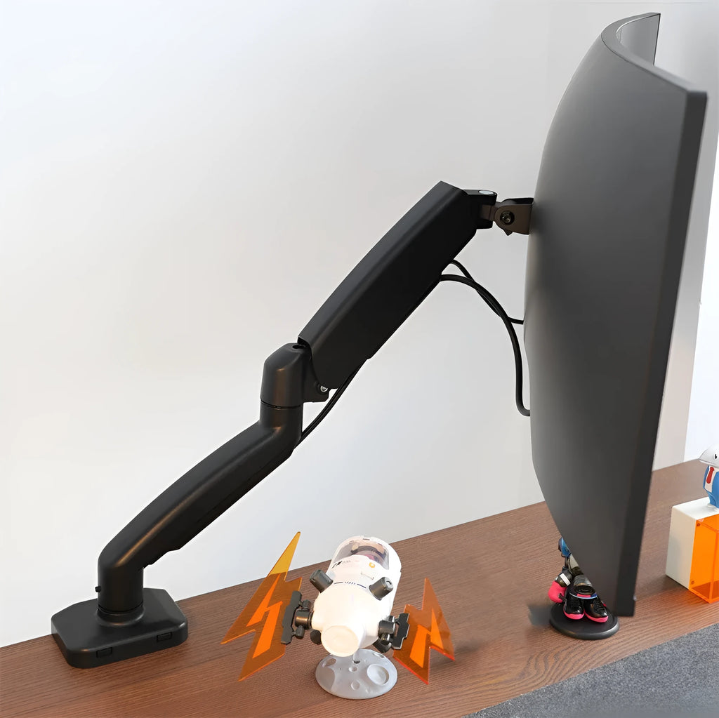 Black rotating telescopic LCD screen bracket with elevated storage rack on desk