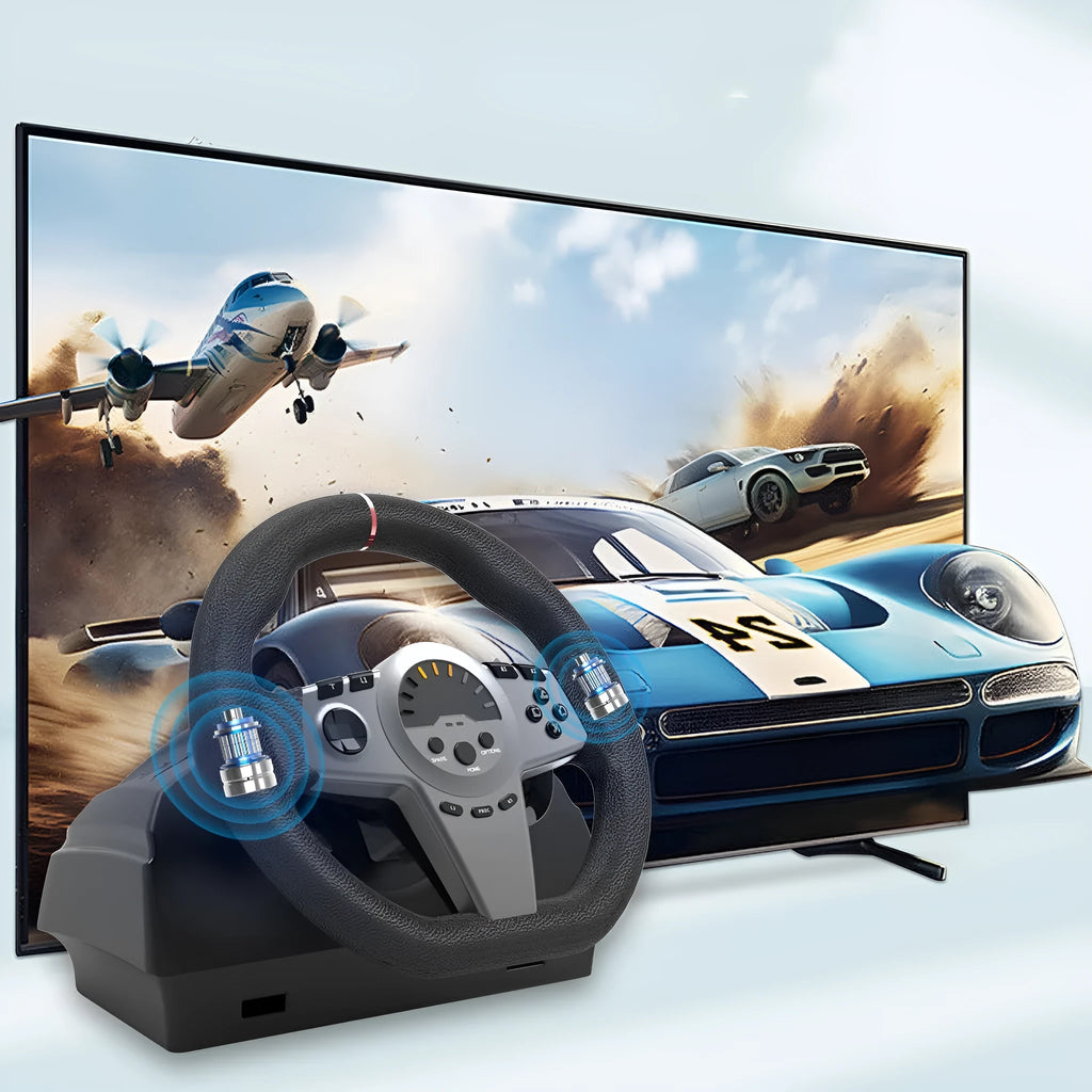 Black multi-platform gaming steering wheel with two pedals and LED displays