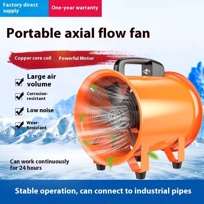 Portable 8-inch industrial axial flow fan with flexible air duct for dust removal.
