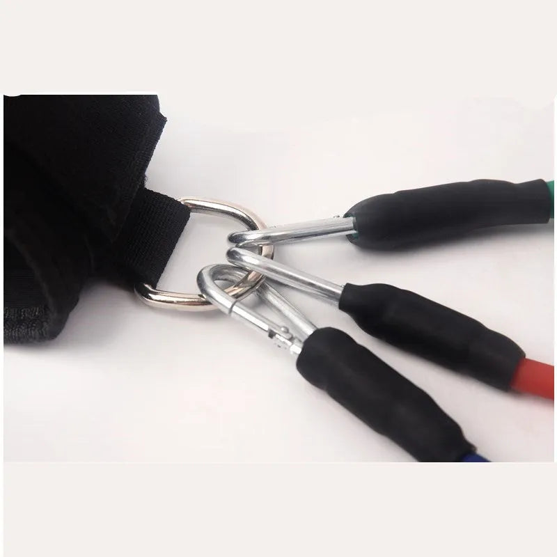 Black taekwondo leg training pull rope set with elastic resistance and PVC handles.