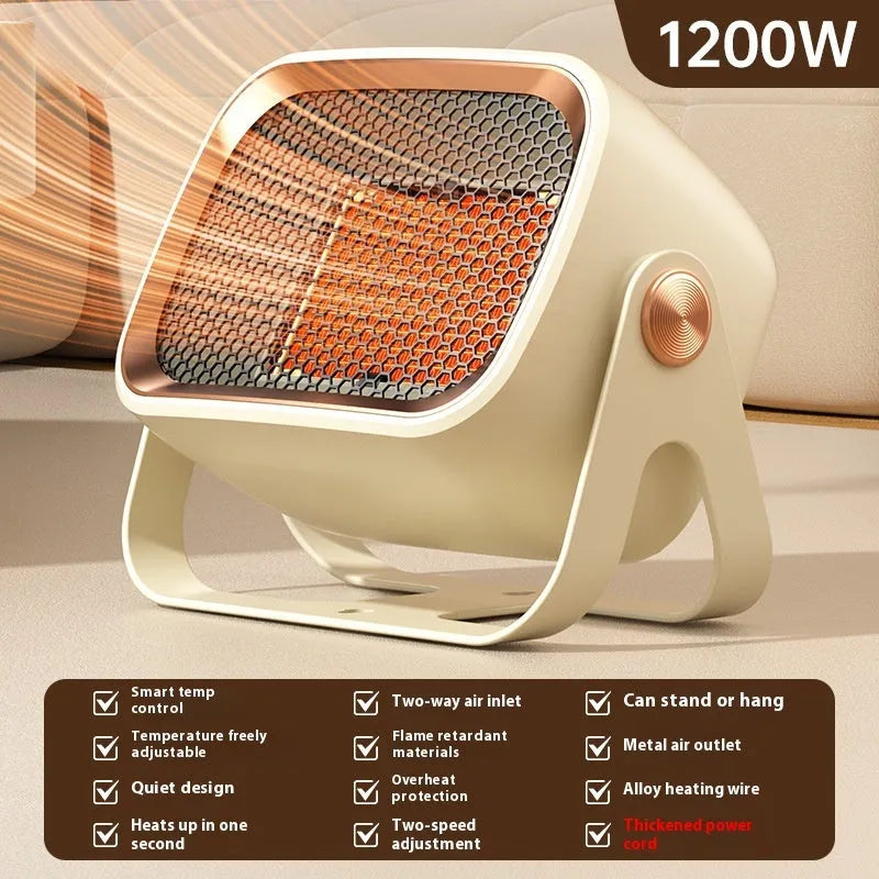 Compact white desktop ceramic heater with rotatable design and push-button controls.