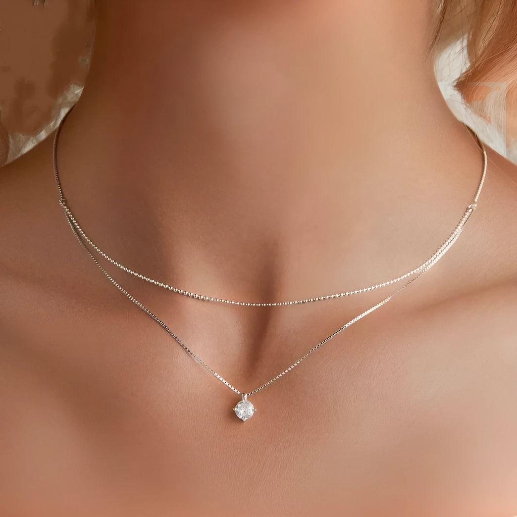 Sterling silver double-layer necklace with pearl chain and pendant for women