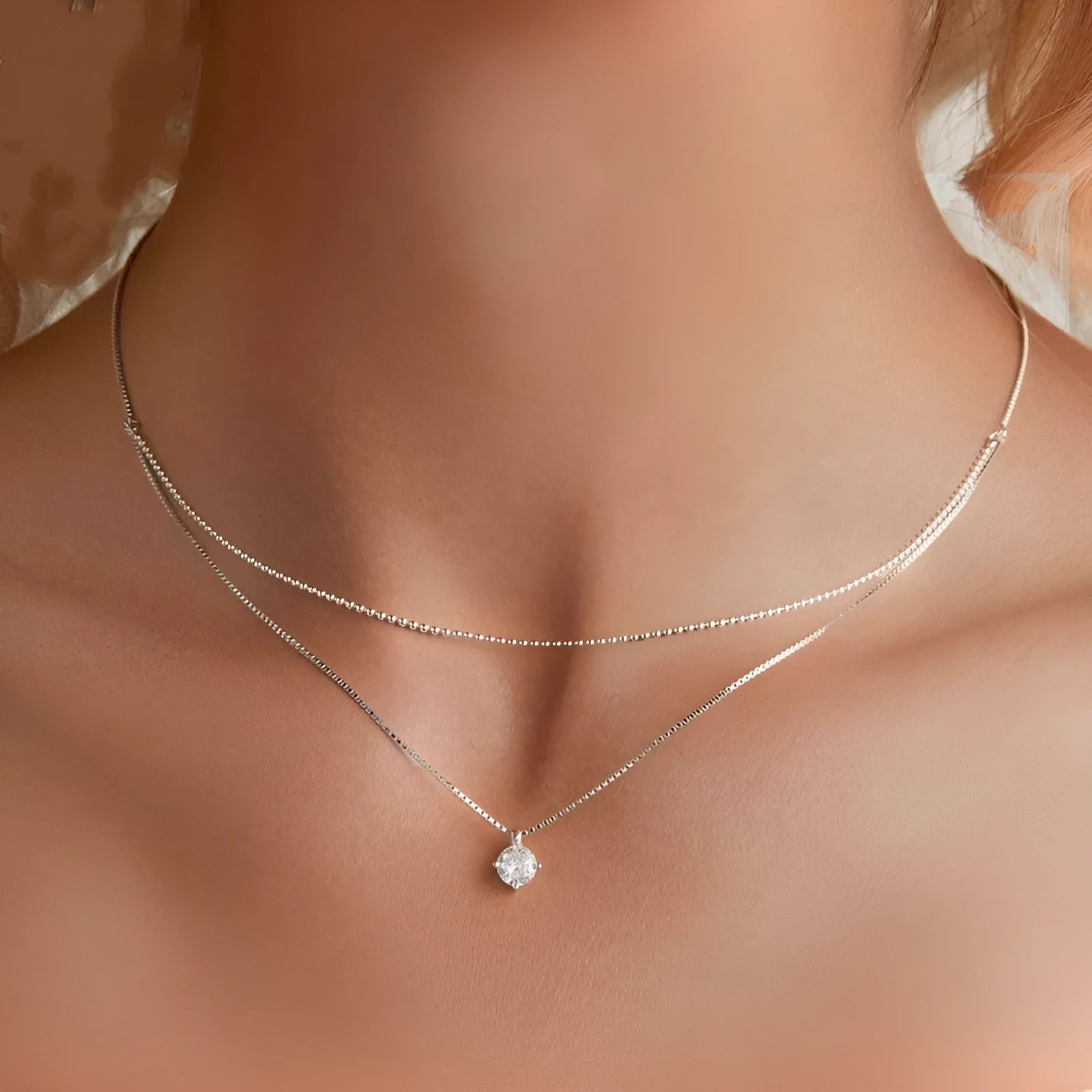 Sterling silver double-layer necklace with pearl chain and pendant for women