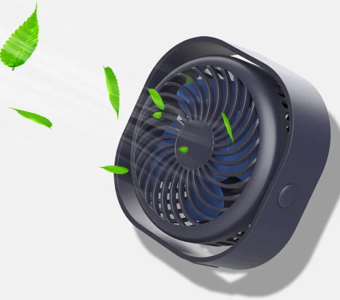 USB desk fan with alarm clock display in blue, showing rotating head on a modern base.