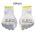 White PU coated labour gloves showing wear-resistant palm and breathable back, sizes M and L.