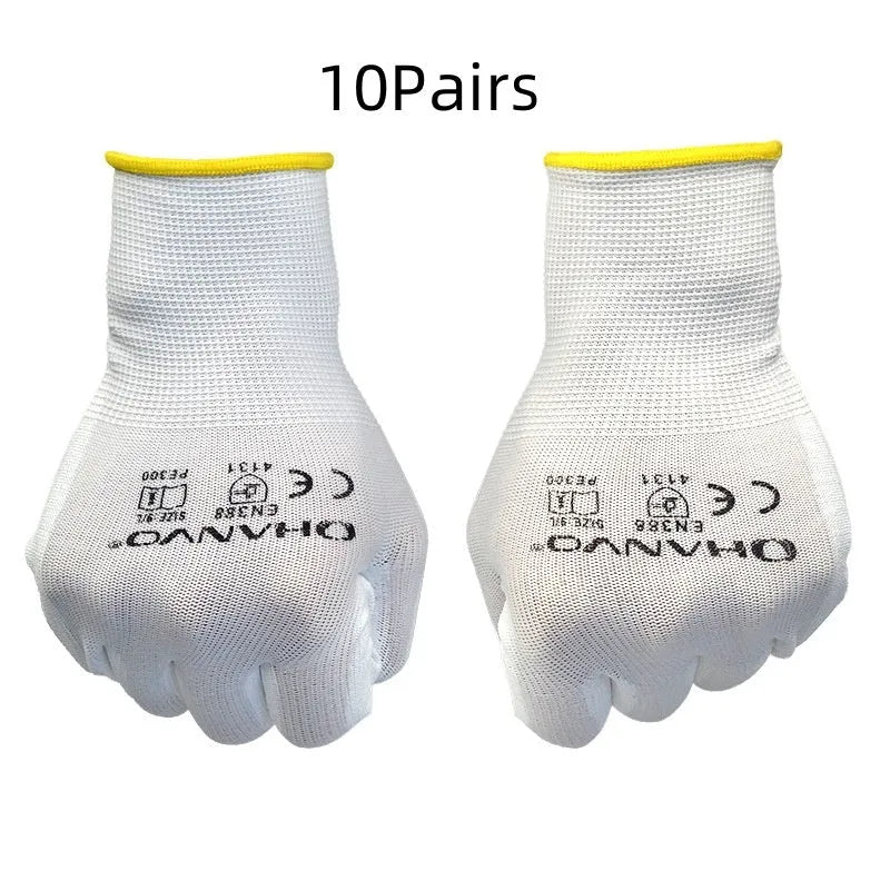 White PU coated labour gloves showing wear-resistant palm and breathable back, sizes M and L.