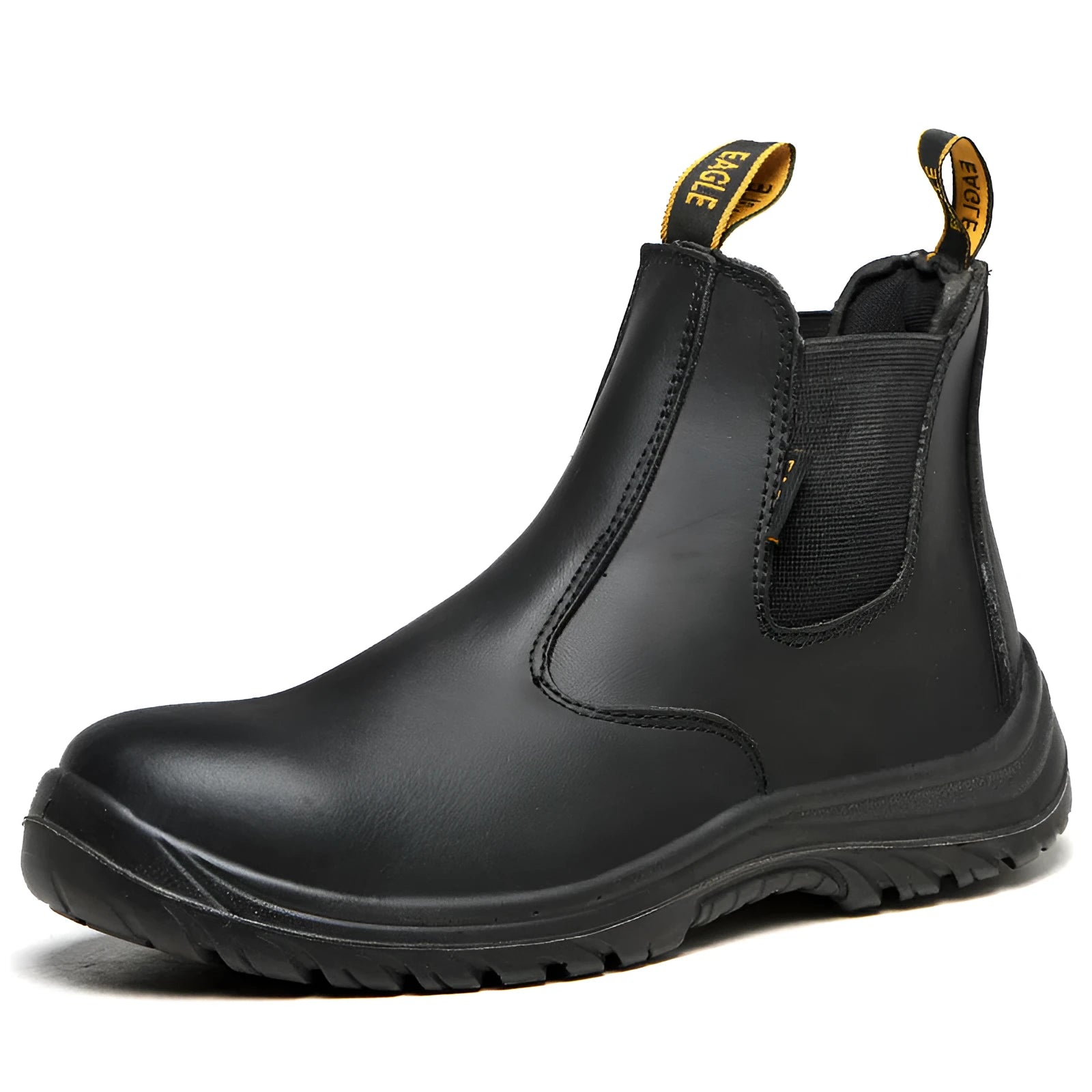 Black leather high-top safety work boots with anti-piercing protection