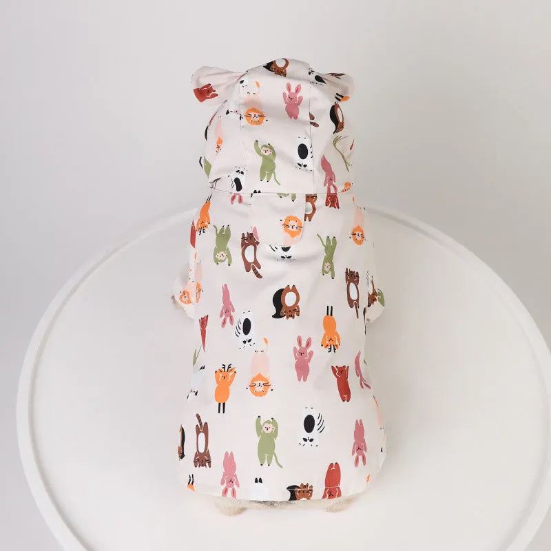 Beige cartoon pattern dog raincoat with double waterproof coating, shown in size L.