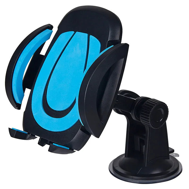 Red U-shaped suction cup mobile phone holder for car or desk with wide clamp arm on black background.