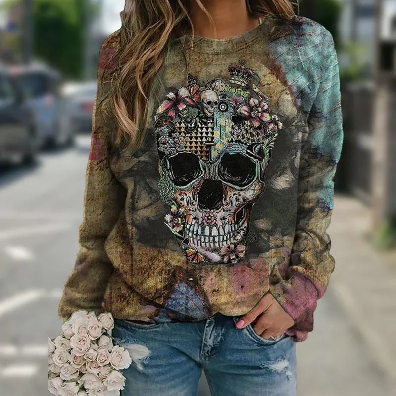 Black long sleeve sweatshirt with a detailed skull print design on the sleeves.