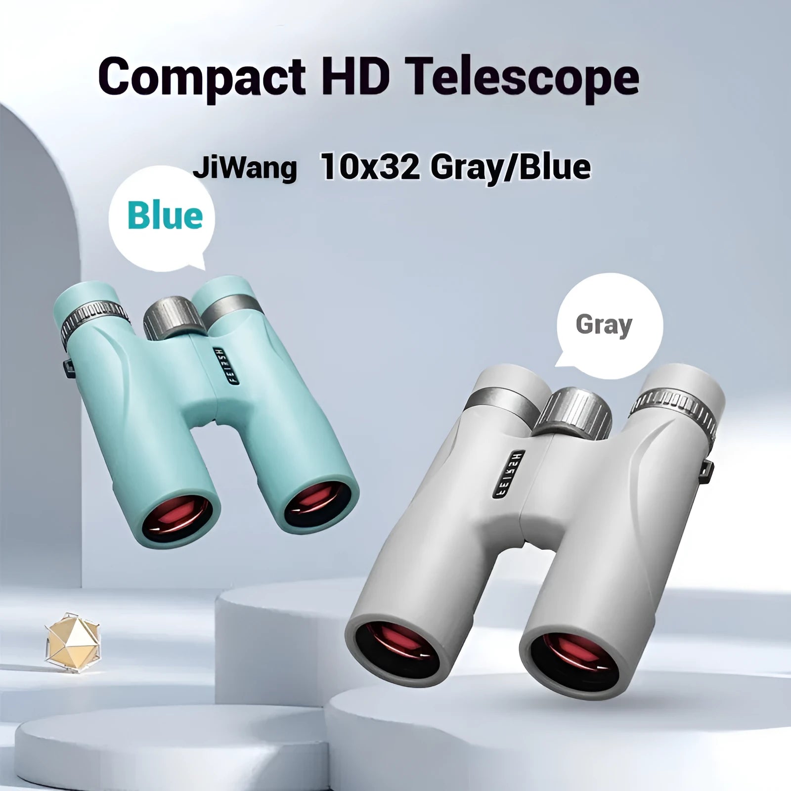 Compact wine red finish binoculars with 10x32 magnification shown in grey and blue colour options