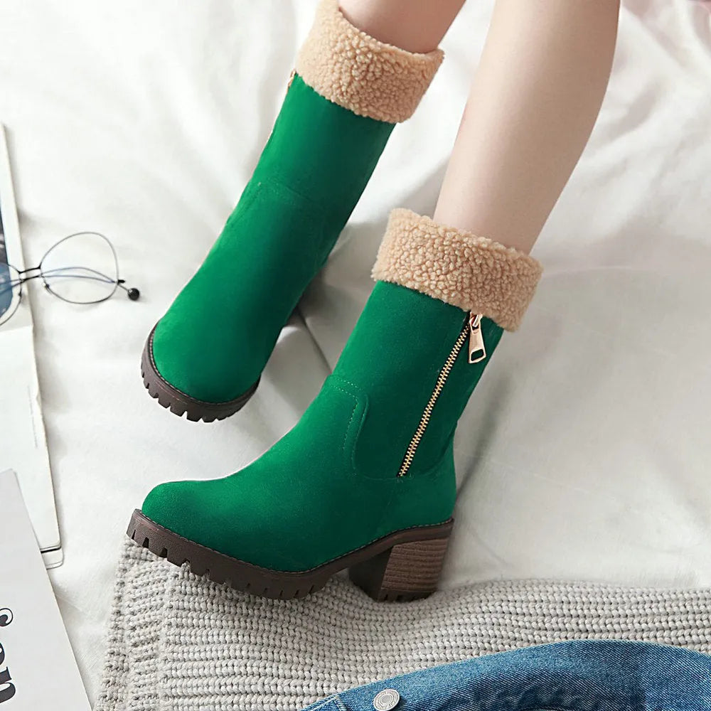 Women's snow boots with plush lining and rubber soles in black, grey, green, orange