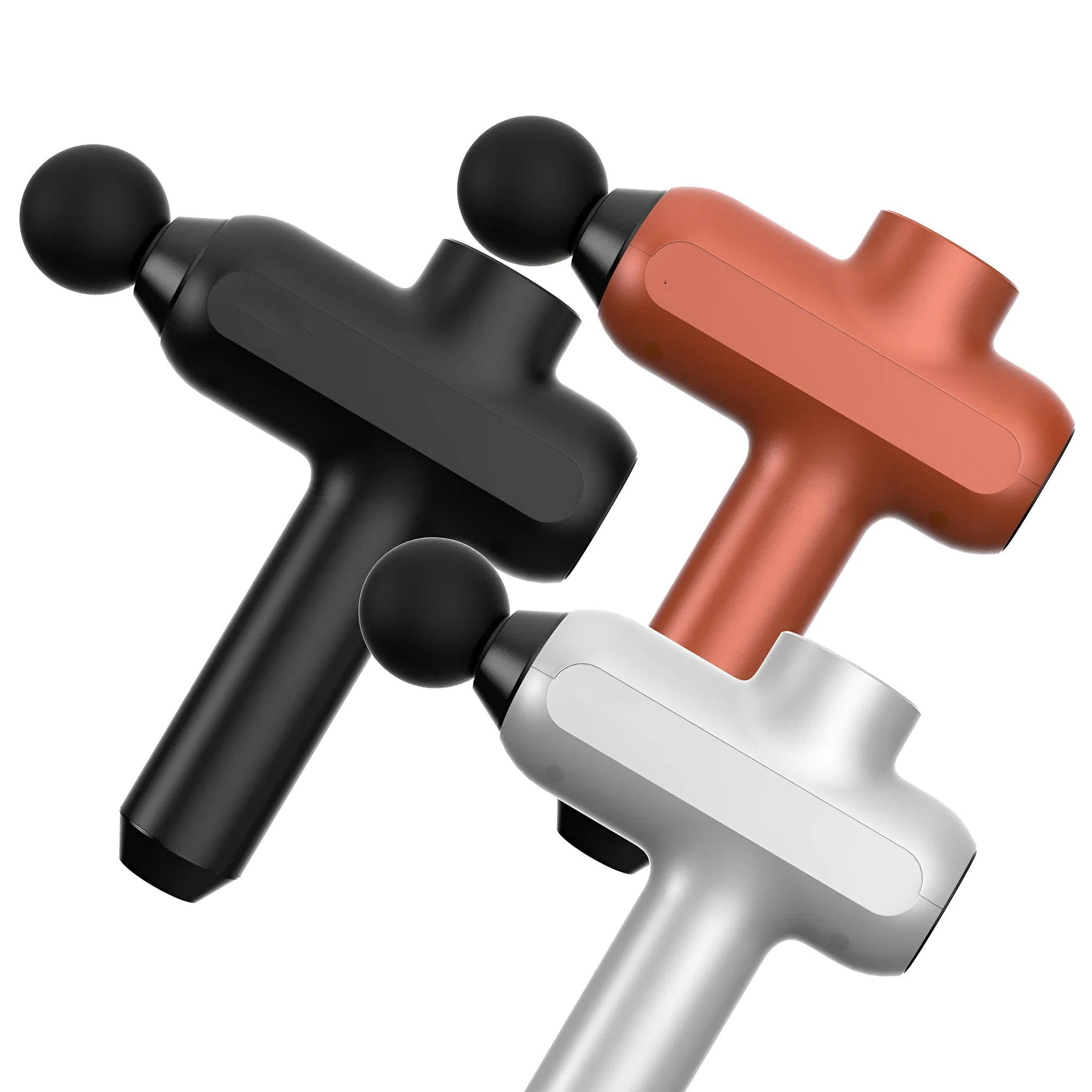 Black electric muscle massager with six removable heads showing five-speed control button