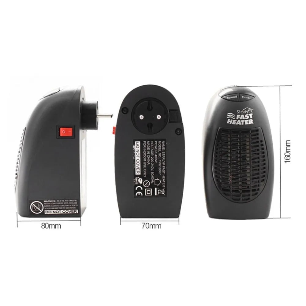 Black compact electric heater with digital display and rotating plug
