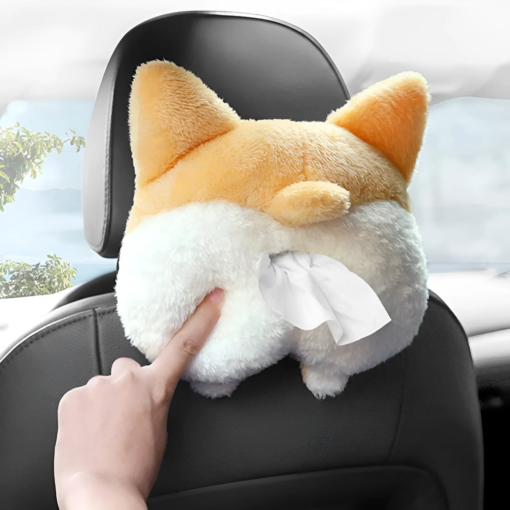 Yellow soft corgi butt shaped tissue box cover with elastic strap for car sun visor.