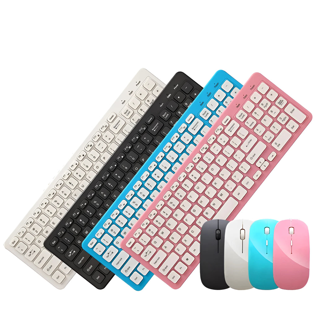 Wireless keyboard and mouse set in black plastic with 96-key layout and micro USB receiver