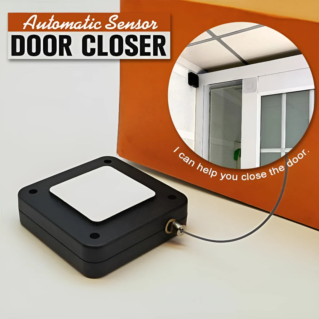 Automatic door closer in black ABS housing with steel wire rope, measuring 63x63x18mm, for sliding doors and glass doors