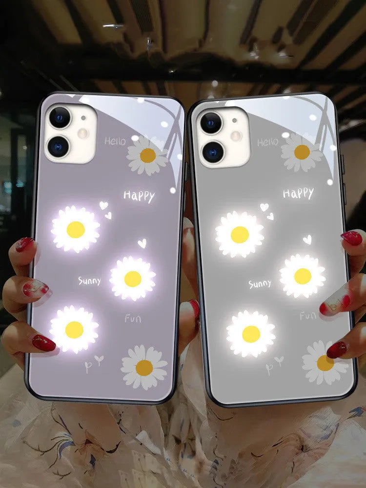 White luminous iPhone case with painted purple daisies and voice-activated colour light feature.