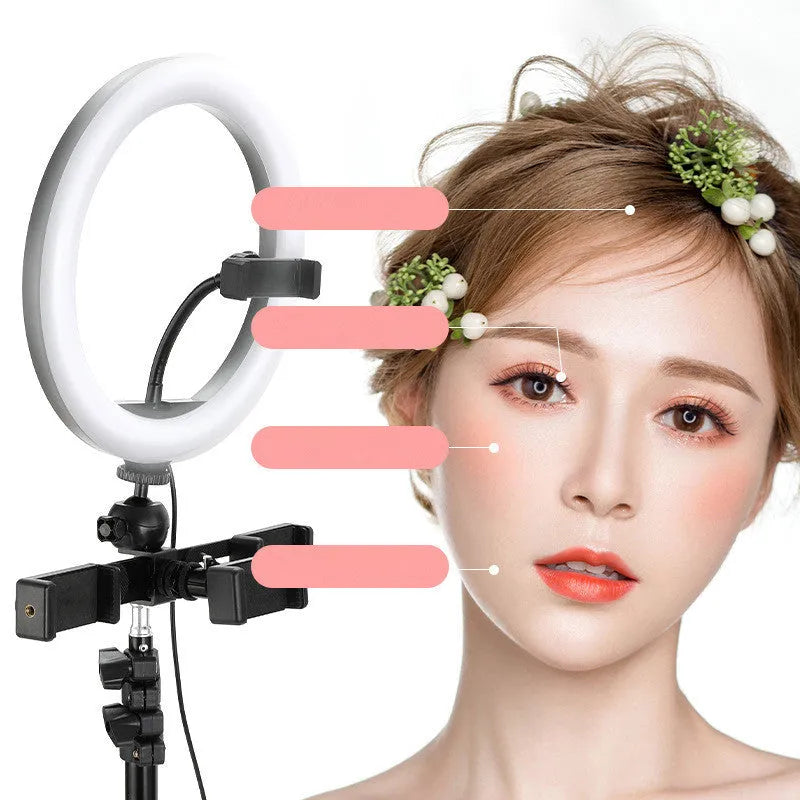 10-inch rotating ring light on a 19 cm metal stand for mobile phone selfies and live streaming.