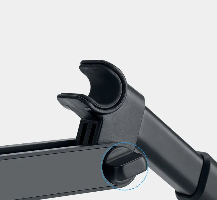 Black plastic car phone holder attached to a vehicle rear seat base holding a tablet