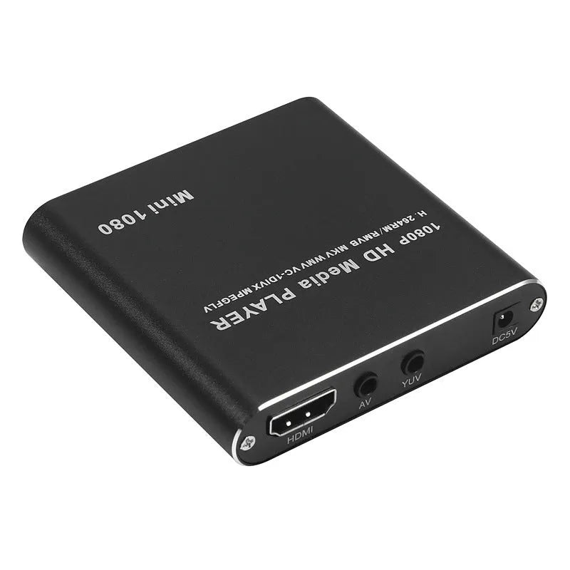 Compact black 1080p Full HD media player with HDMI port and remote control