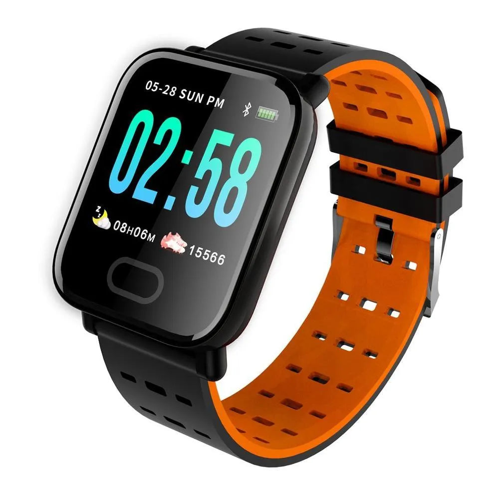Blue A6 colour screen smart bracelet with zinc alloy case on a silicone strap, showing the 1.3-inch display.