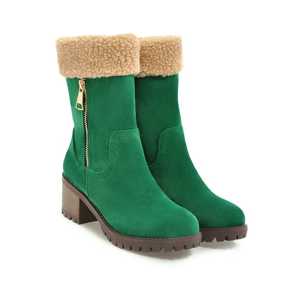 Women's snow boots with plush lining and rubber soles in black, grey, green, orange
