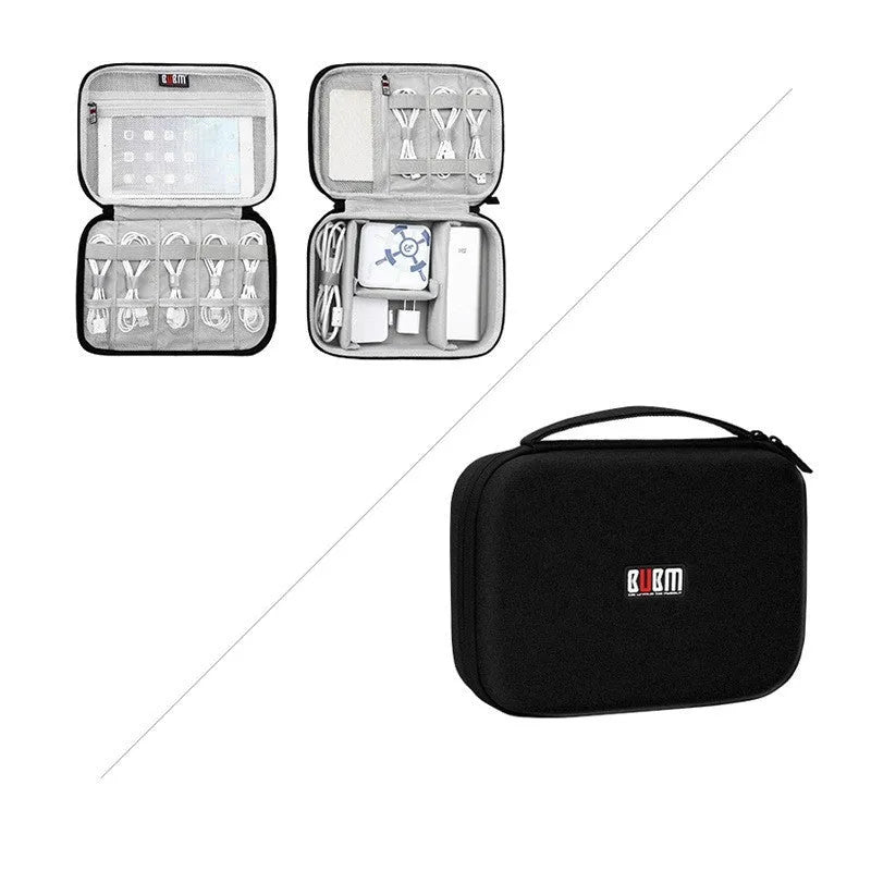 Black EVA digital storage bag for headphones and tech accessories with organisational compartments
