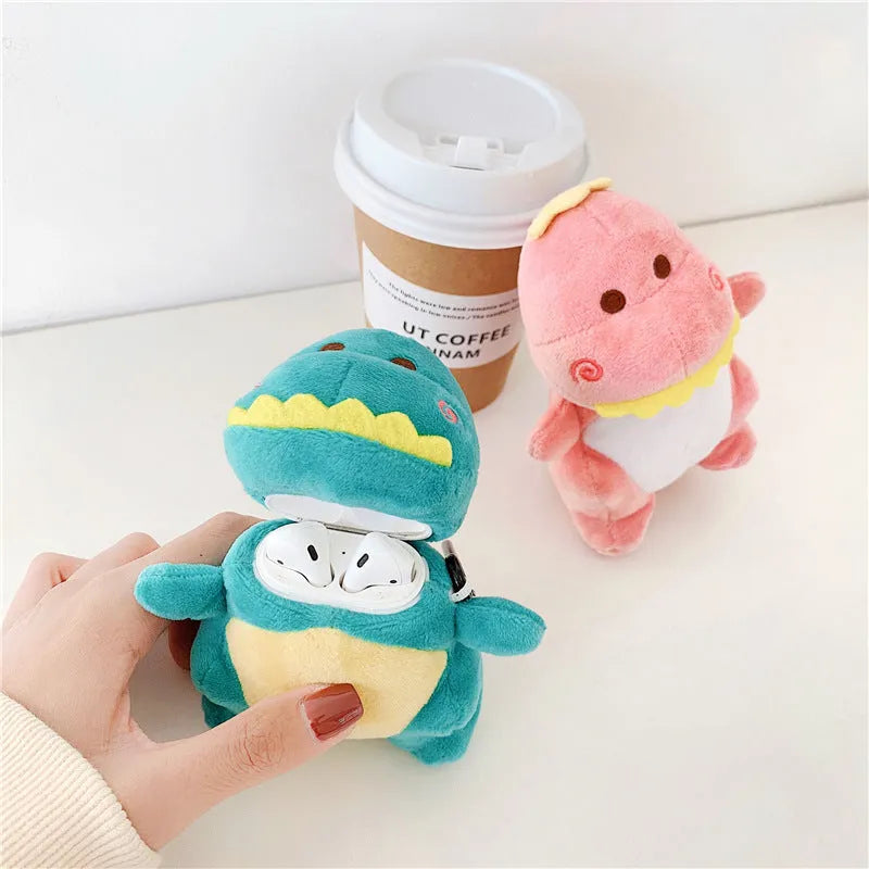 Cartoon plush dinosaur headphone protective case for AirPods 1 and 2 in green, flip type
