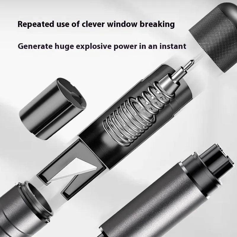Gun grey aluminium alloy automobile safety hammer with seatbelt cutter, shown with test glass and 3M rubber base.