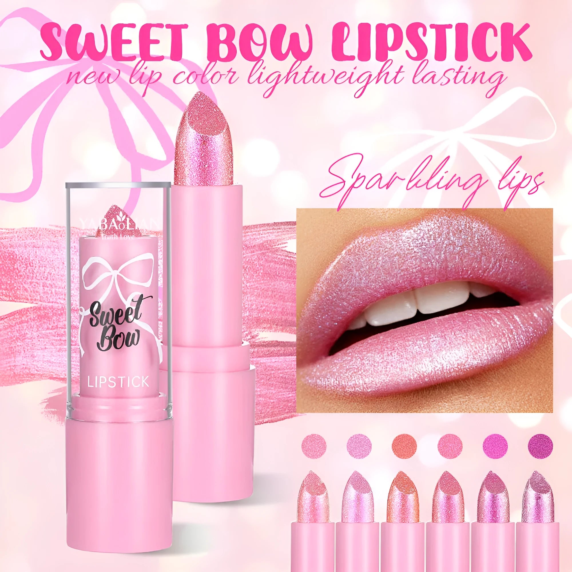 Sweetheart bow design diamond lipstick in six colour shades with long-lasting formula
