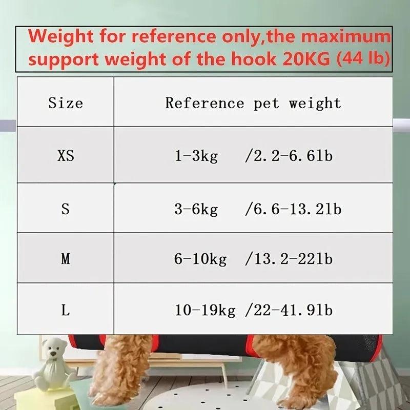 Pet grooming hammock restraint bag in four sizes hanging for cat and dog nail trimming and bathing.