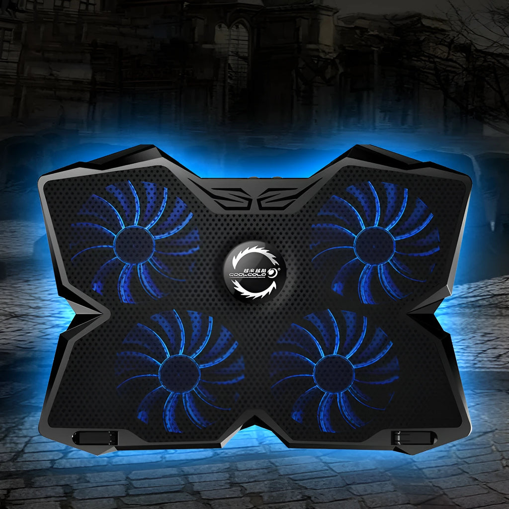 Blue laptop cooling base with four LED fans and dual USB ports