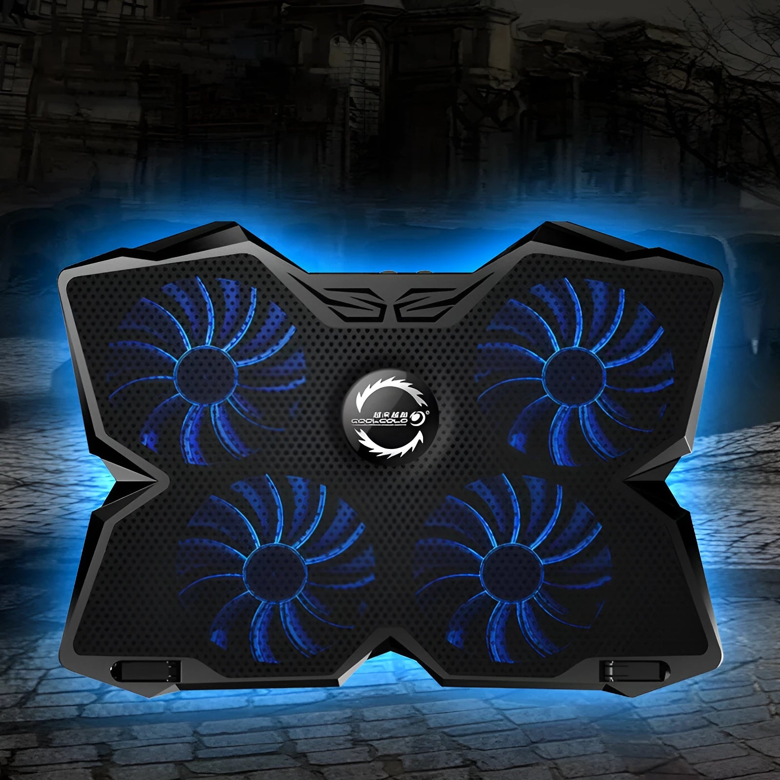 Blue laptop cooling base with four LED fans and dual USB ports