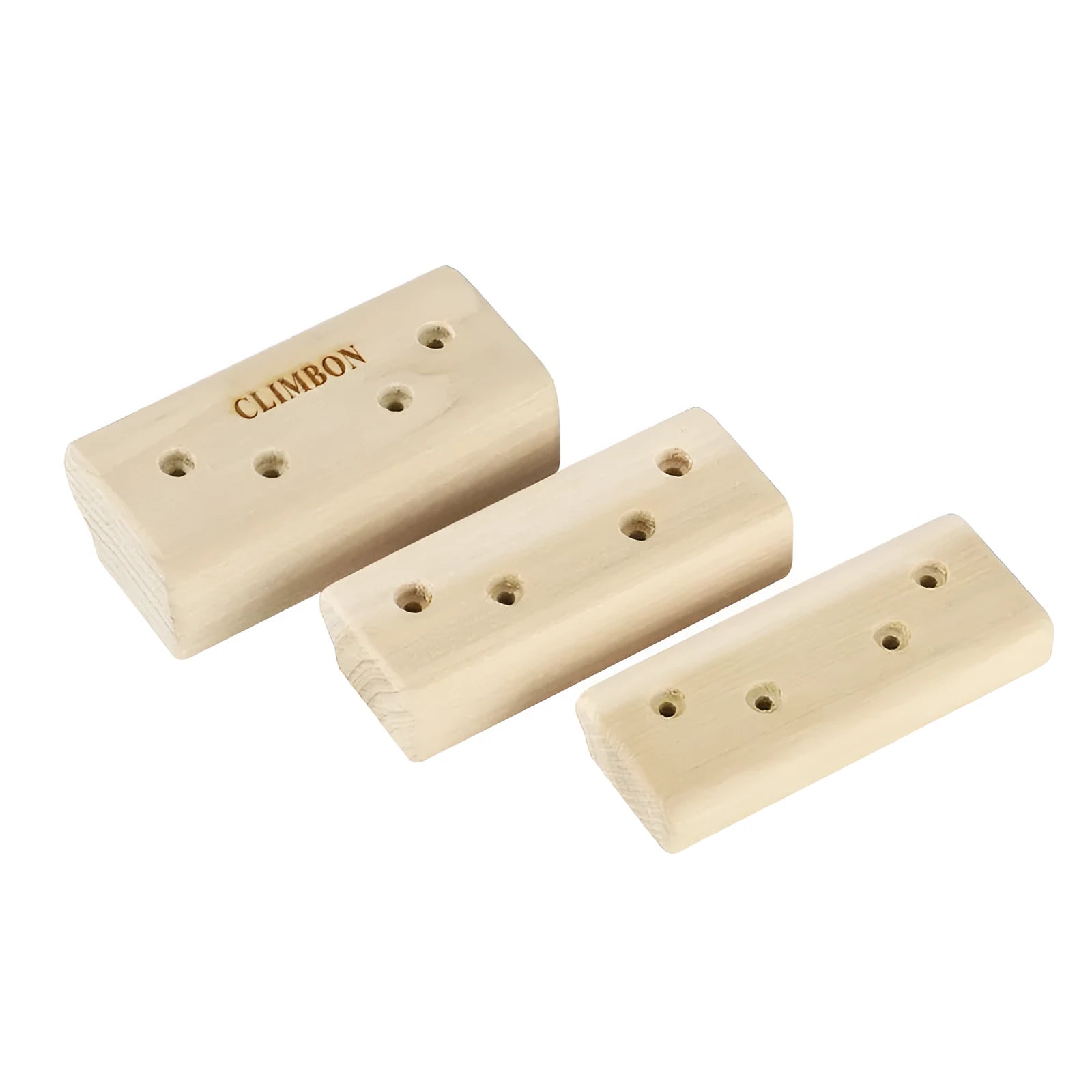 Set of three solid wooden grip training fingerboards in 12cm, 40cm, and 50cm lengths on a white background.