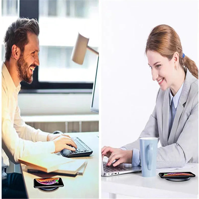 Black and white aluminium alloy wireless charging pad for phones with Qi fast charging and LED light.