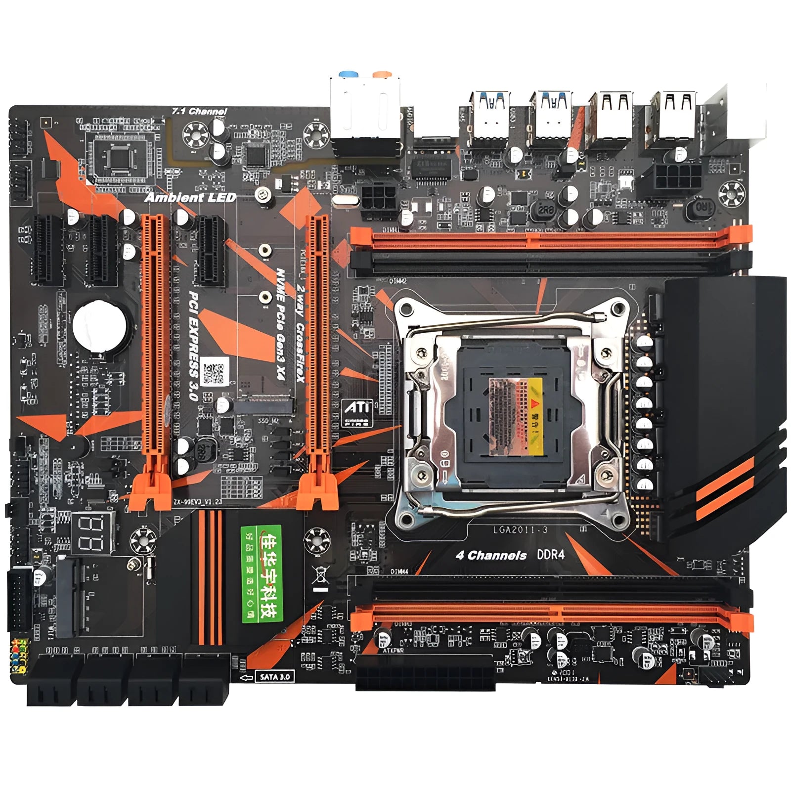 X99 computer motherboard with LGA2011-3 socket, four DDR4 slots, PCI-E expansion, and black PCB