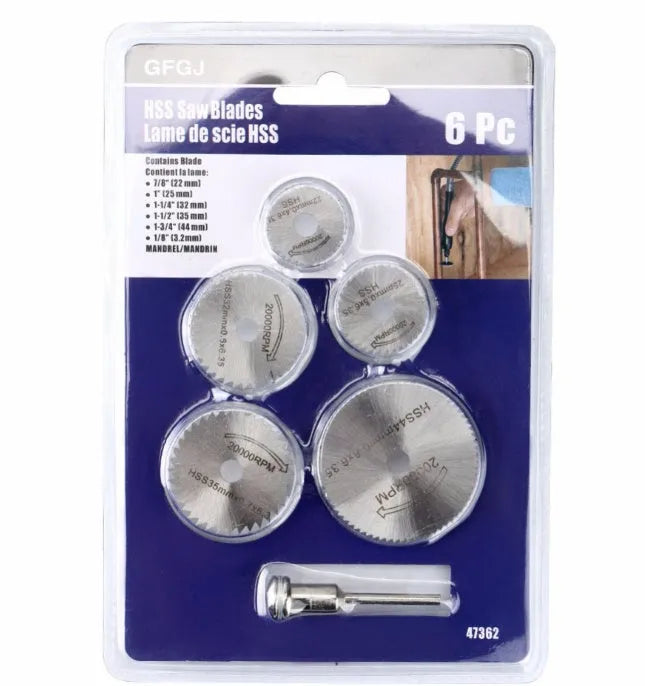 Six circular saw blades with mandrel for rotary tools, high-speed steel construction for wood cutting