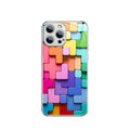 Silicone iPhone case with colourful geometric building block design in cartoon style