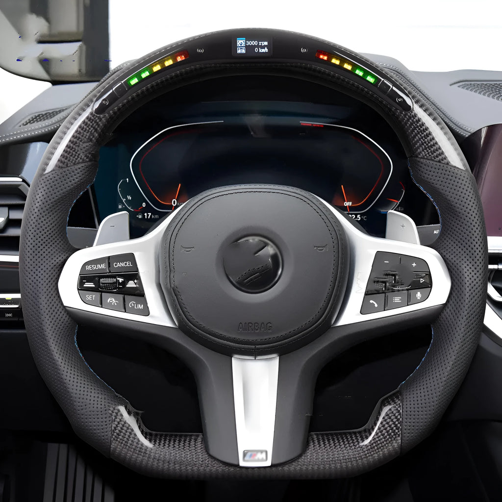 Black carbon fibre BMW steering wheel with LED features for X3 X5 models