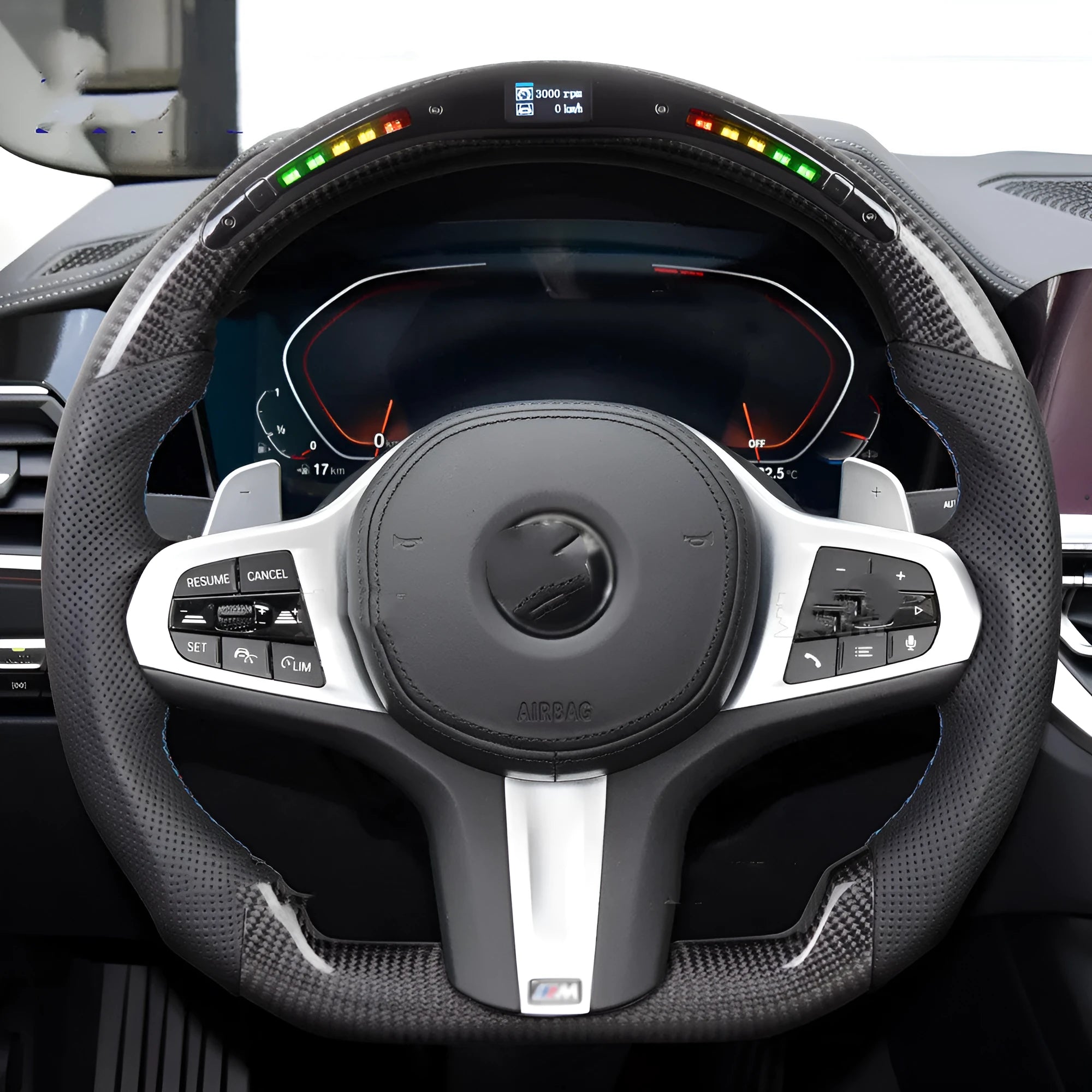 Black carbon fibre BMW steering wheel with LED features for X3 X5 models