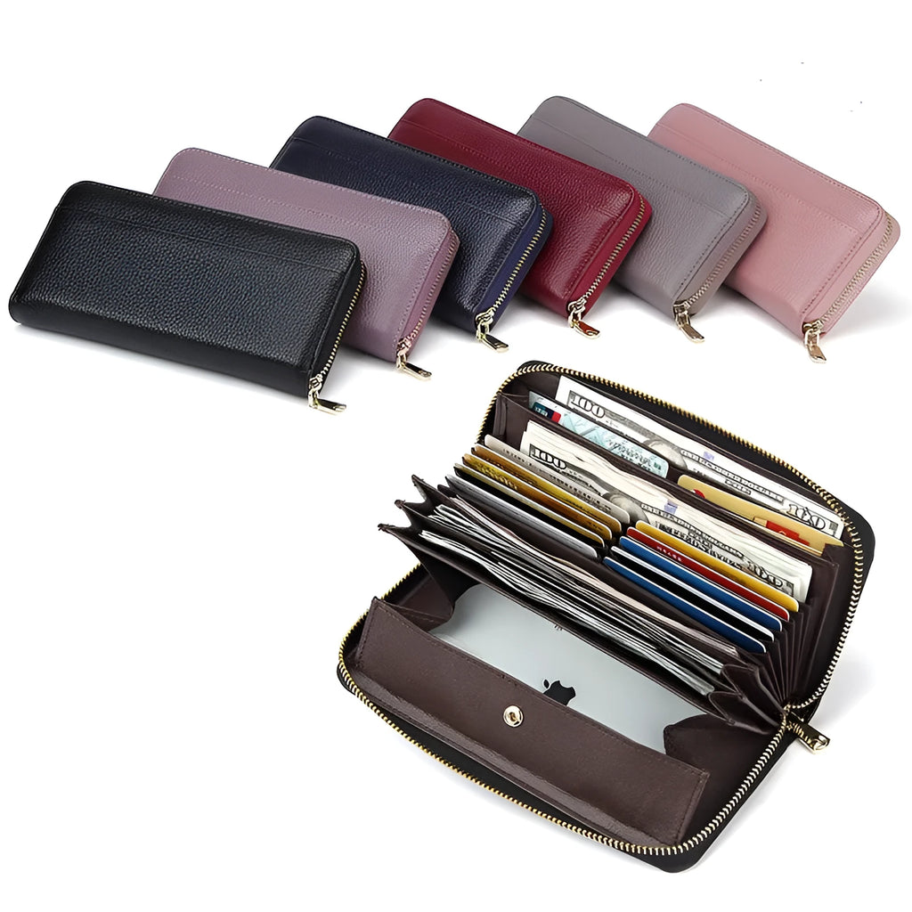 Long genuine leather women's wallet showing six colour options with anti-theft card swiping feature