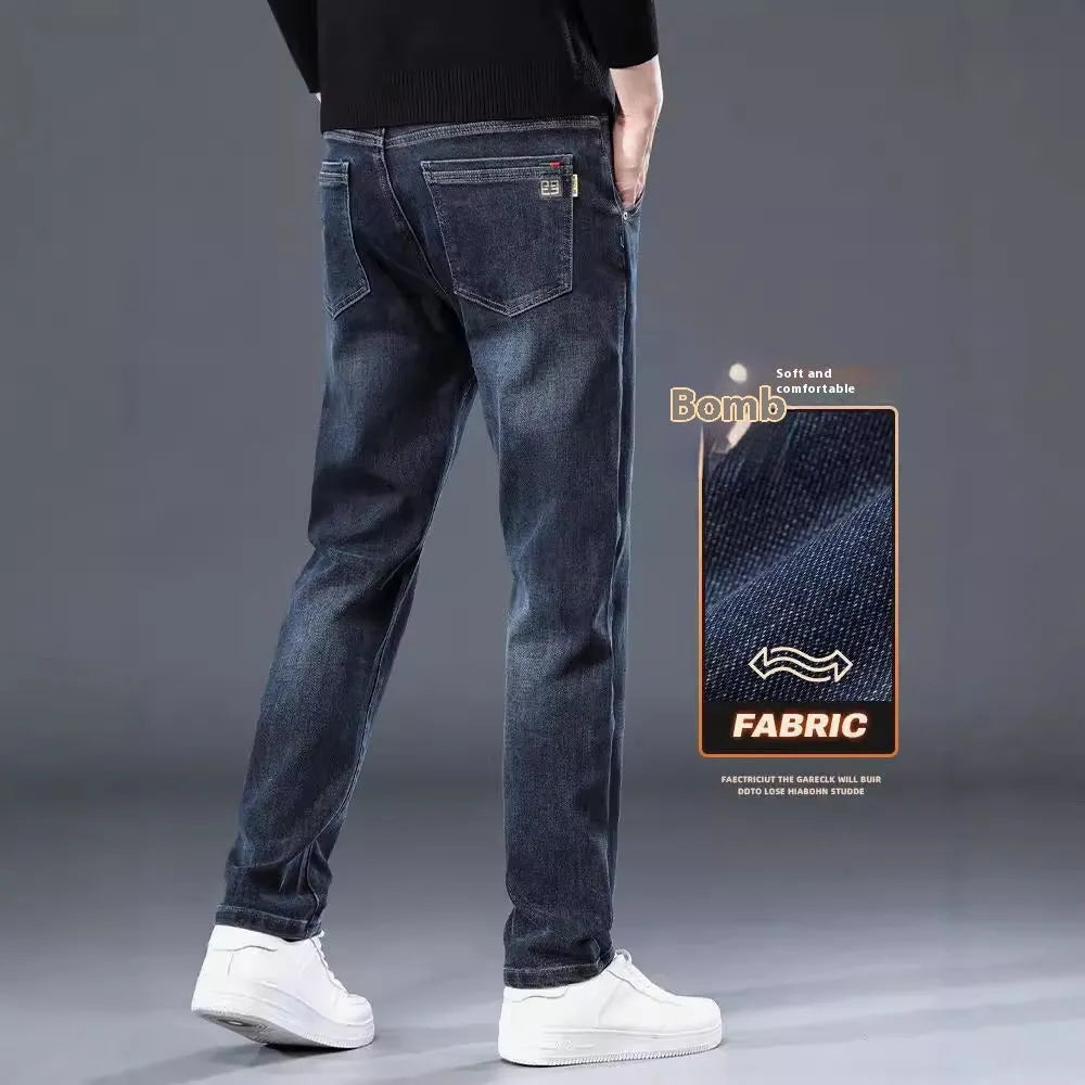 Blue grey slim straight casual men's trousers with a loose fit and mid waist.