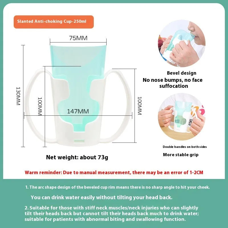 Oblique mouth choke-proof drinking cup for adults with handle and lid, shown with optional wrist splint.