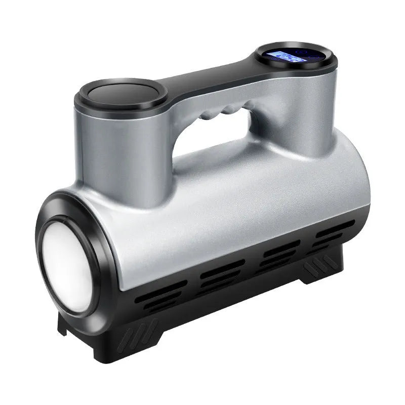 12V portable car air pump with digital pressure display, compact black ABS casing with air hose and nozzles