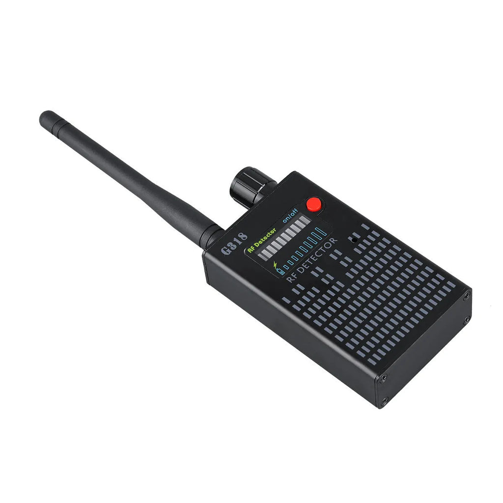 Black G318 anti-camera detector with aluminium alloy housing measuring 102 x 52.5 x 21.5 mm