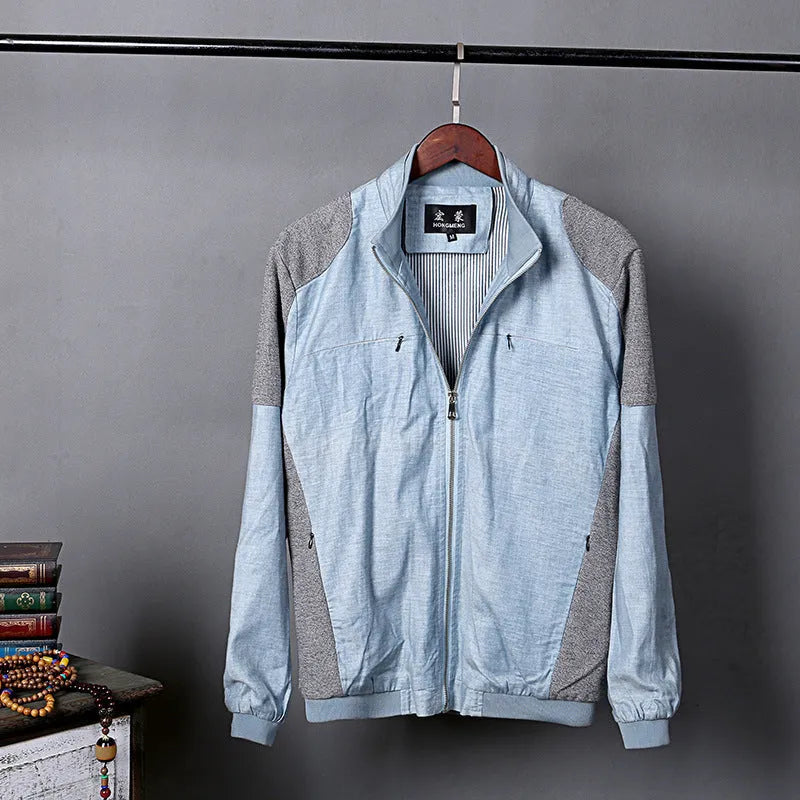 Men's heather gray cotton linen jacket in a regular fit on a hanger.
