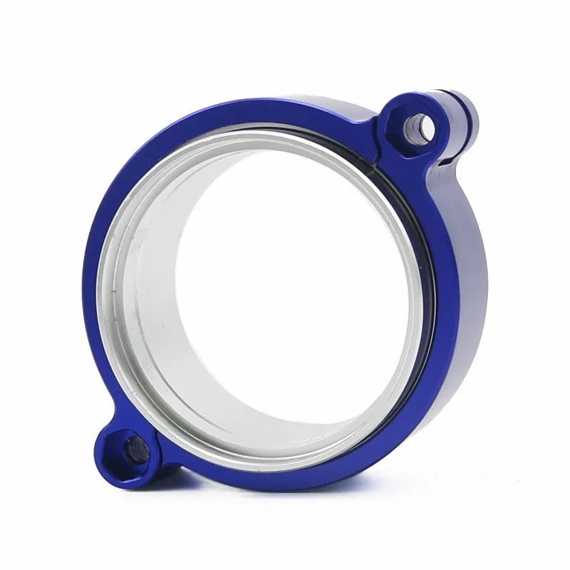 Aluminium fixed movement clamp for turbo exhaust downspouts in black, shown next to a 2.5inch and 3inch size comparison.