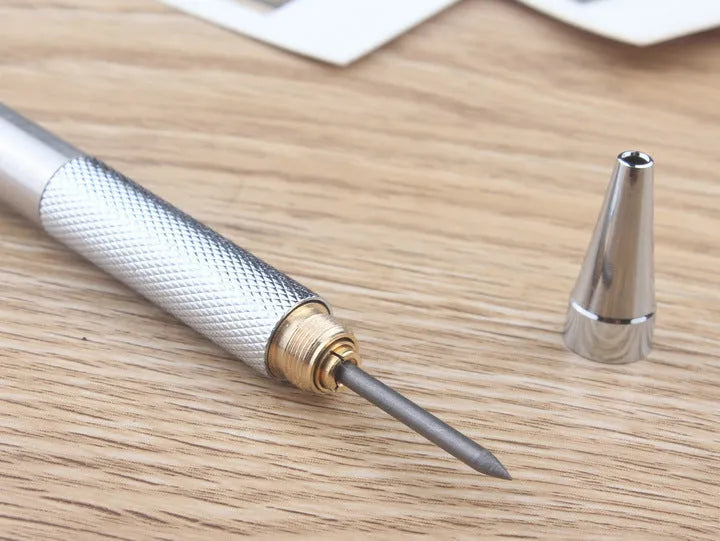 Metal mechanical pencil with automatic lead advancement mechanism and multiple lead size compatibility