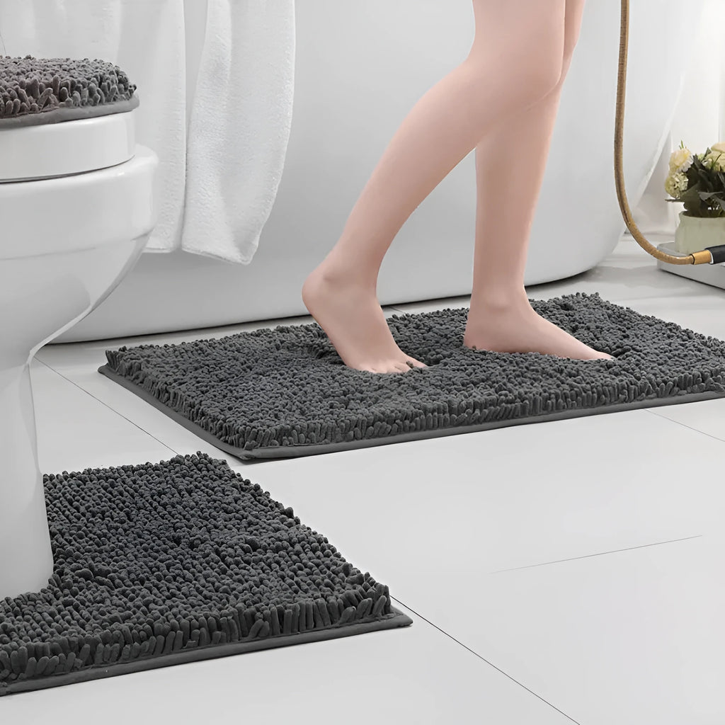 Chenille long hair three-piece bathroom carpet set with U-shaped toilet mat in green.